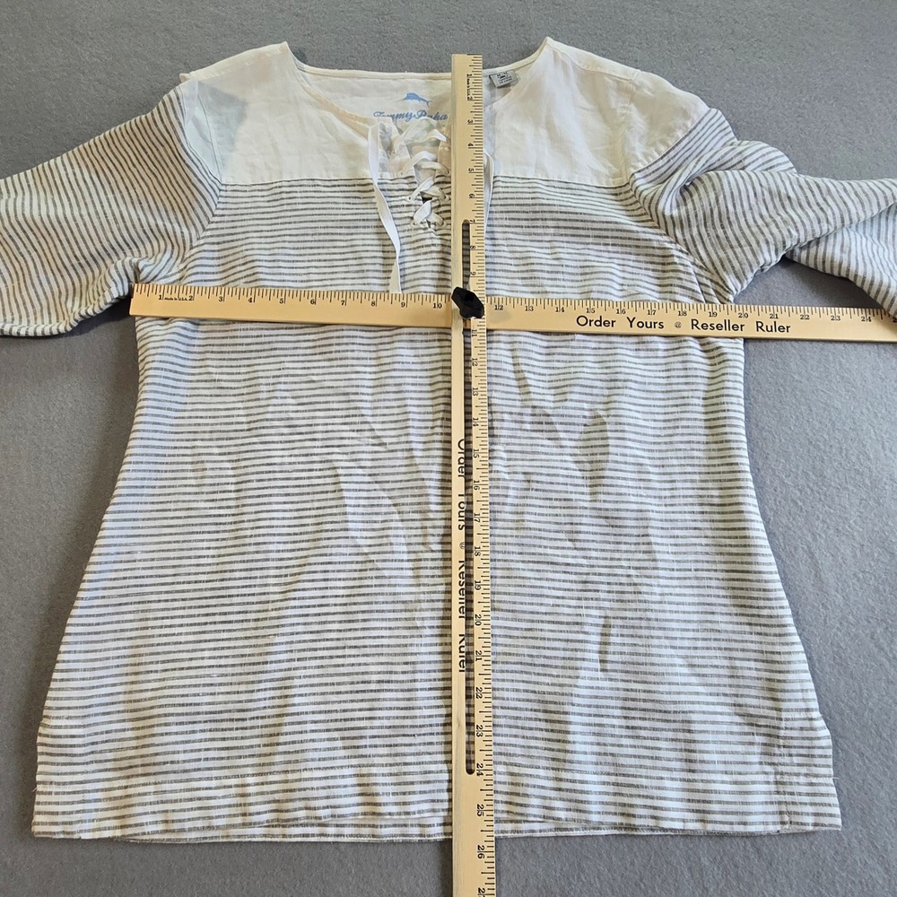 Tommy Bahama Tunic Top Women Medium White Tan Striped 100% Linen Lace Up Coastal - Picture 7 of 7